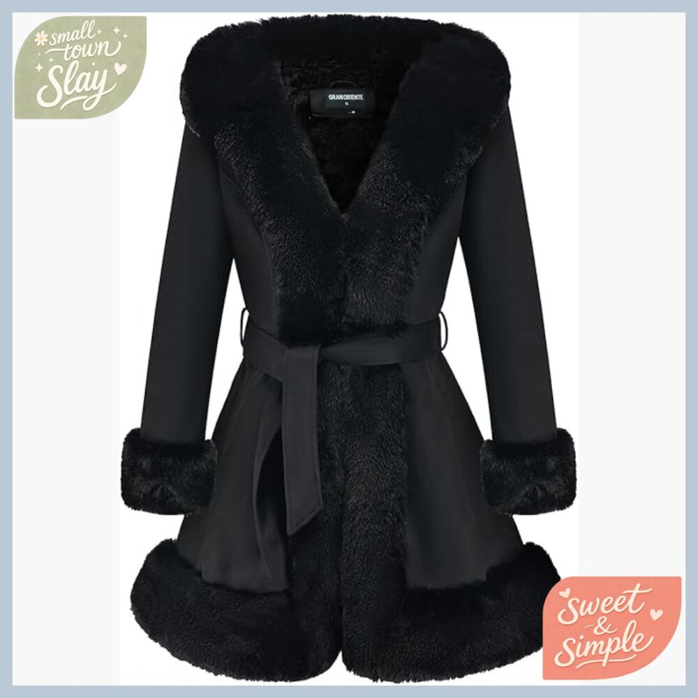 Faux Fur Collar Suede Jacket, Slim Fit Winter Parka with Belt, Long Sleeve